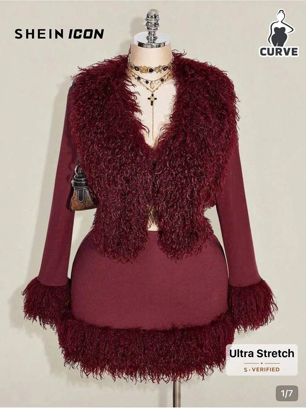 SHEIN Curve Burgundy Fringe Front Cardigan skirt set